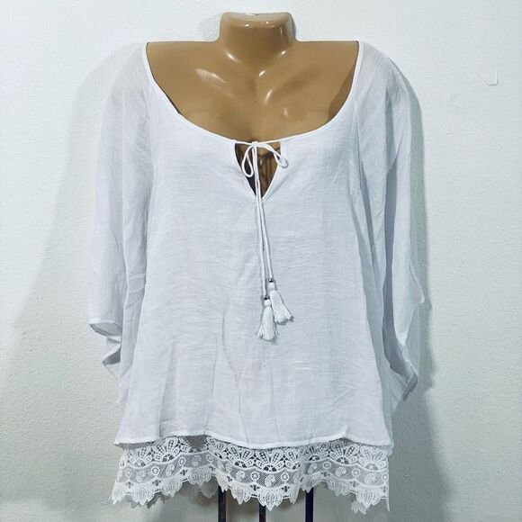NWT Gorgeous Unique Spectrum 3X White 3/4 Bell Sleeve Crochet Flowy Peasant Top - Picture 1 of 15